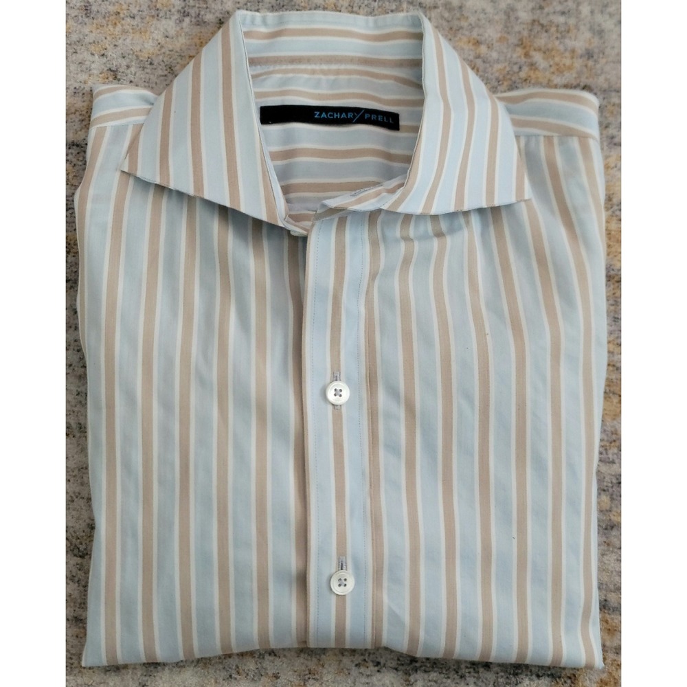 Zachary Prell Men's Tan Blue‎ Stripe Long Sleeve Cotton Button Up Shirt Size M